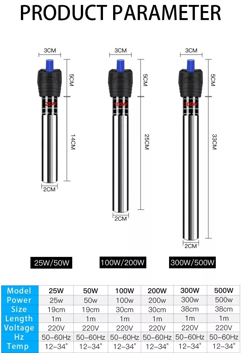 Aquarium Heater 50W-500W, Stainless Steel Fish Tank Heater Energy Saving For Aquariums 20–500L