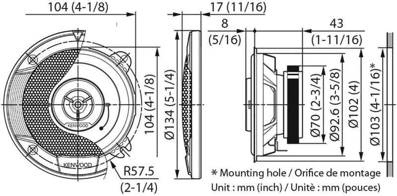 Kenwood Car Speakers KFC-S1066 Stage Sound Series 10cm Flush Mount 2-Way 220W