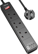 Extension Lead 3 Way USB C Power Strip Surge Protector 2M Extension Cable Black