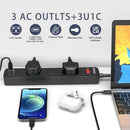 Extension Lead 3 Way USB C Power Strip Surge Protector 2M Extension Cable Black