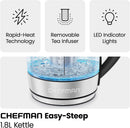 Chefman 1.8L Glass Electric Kettle + Tea Infuser 2200W LED Rapid Boil Stainless