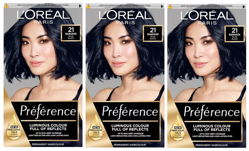 Loreal Paris Preference Permanent Hair Dye Colour 21 Bangkok BLUE BLACK - 3 PACK