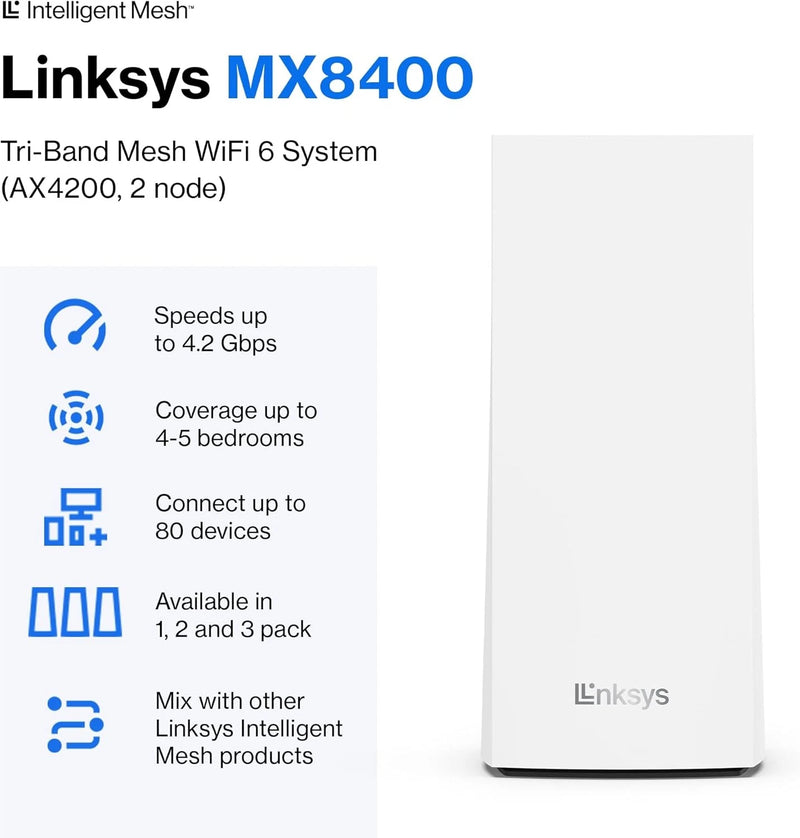 Linksys Velop MX8400 WiFi 6 Mesh System 2-Pack Tri-Band AX Whole Home Router